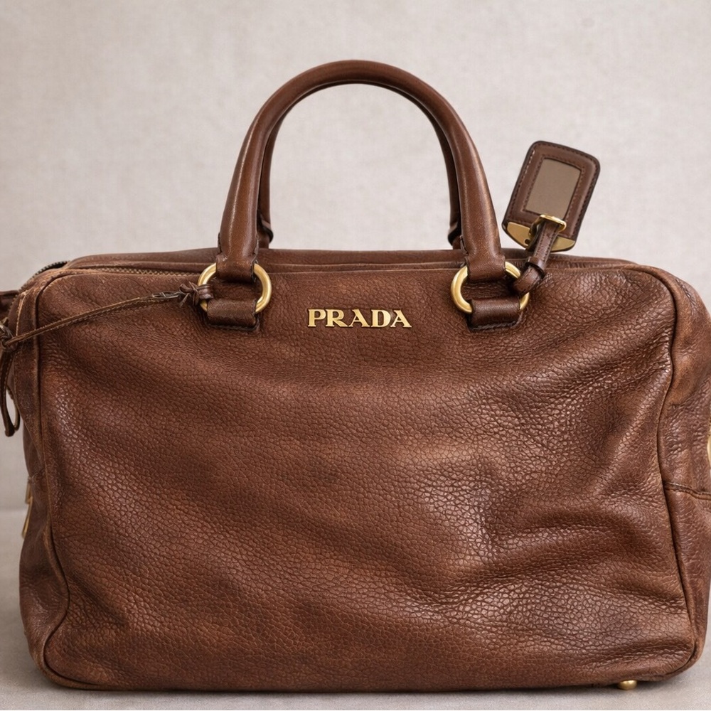 SOLD - PRADA Brown Pebbled Leather Slouch Satchel Shoulder Bag Gold Hardware